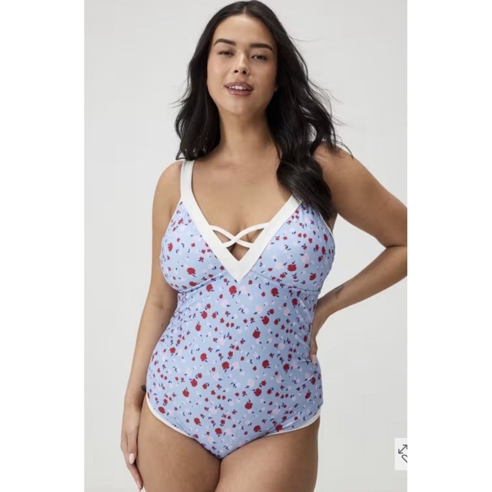 Torrid Floral V-Plunge One Piece Swimsuit Blue White Cheeky Plus Size 2X NWT